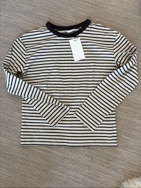 Zara NWT Striped Long Sleeve Crewneck Top - brown & White